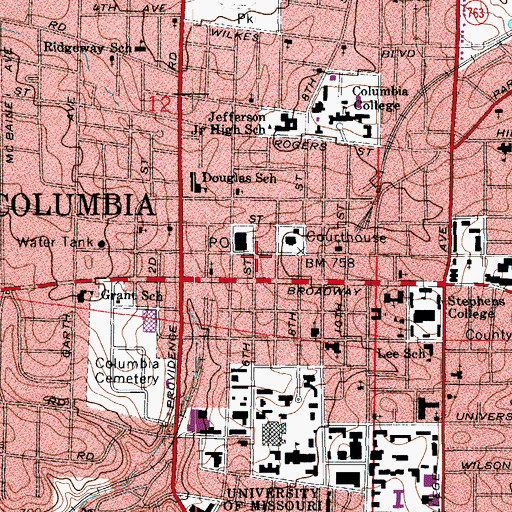 Topographic Map of Columbia Police Department, MO