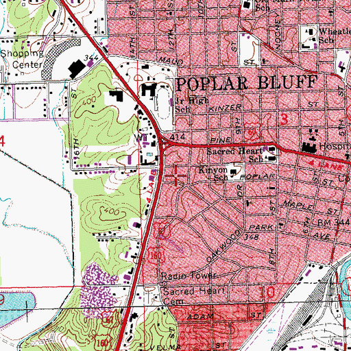 Topographic Map of Poplar Bluff Police Department, MO