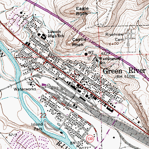 Topographic Map of Green River Police Department, WY