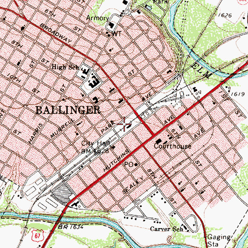 Topographic Map of Ballinger City Hall, TX