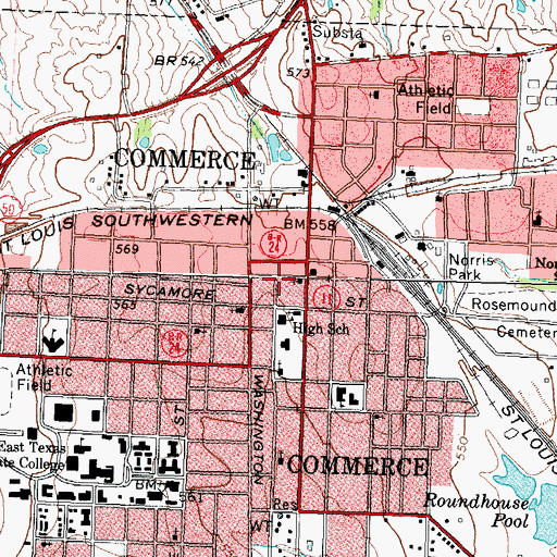 Topographic Map of Commerce City Hall, TX