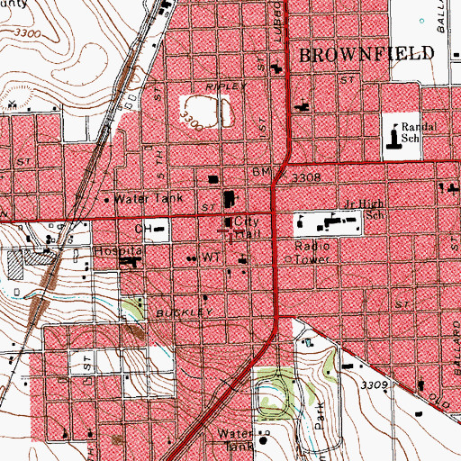 Topographic Map of Brownfield City Hall, TX