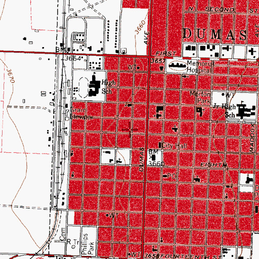 Topographic Map of Dumas City Hall, TX