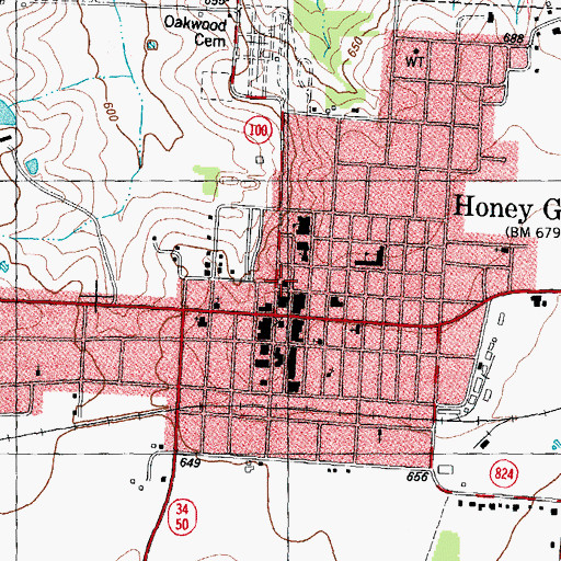 Topographic Map of Honey Grove City Hall, TX