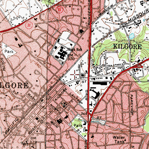 Topographic Map of Kilgore City Hall, TX