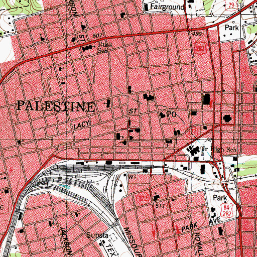 Topographic Map of Palestine City Hall, TX