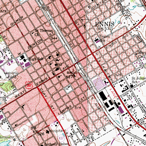 Topographic Map of Ennis City Hall, TX