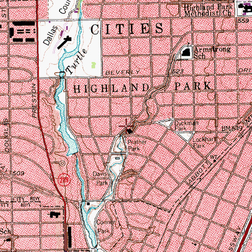 Topographic Map of Highland Park Town Hall, TX