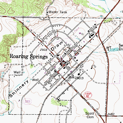 Topographic Map of Roaring Springs City Hall, TX