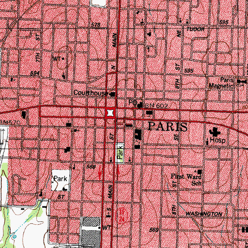 Topographic Map of Paris City Hall, TX