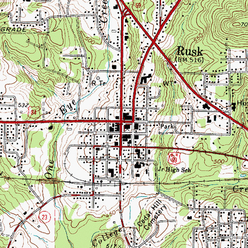 Topographic Map of Rusk City Hall, TX