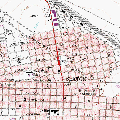 Topographic Map of Slaton City Hall, TX