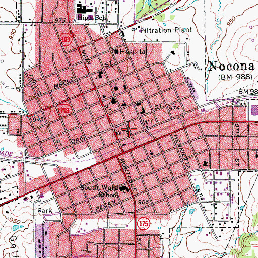 Topographic Map of Nocona City Hall, TX