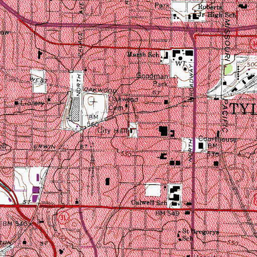 Topographic Map of Tyler City Hall, TX
