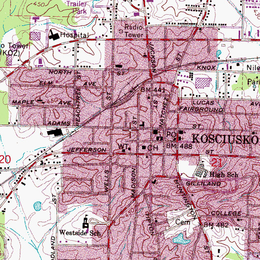 Topographic Map of Kosciusko Police Department, MS