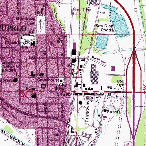 Topographic Map of Tupelo Police Department, MS