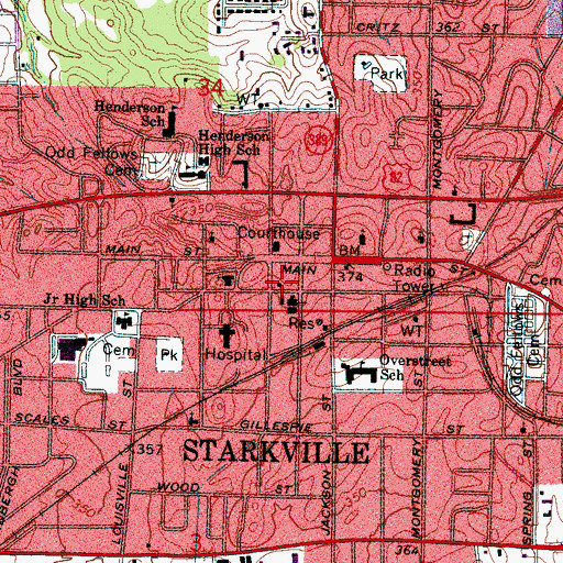 Topographic Map of Starkville Police Department, MS