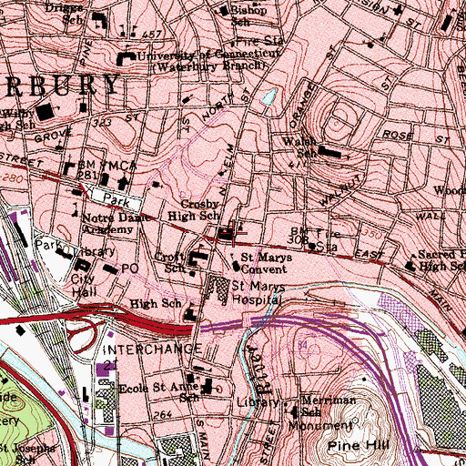 Topographic Map of Waterbury Police Department, CT