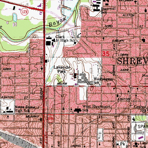 Topographic Map of Shreveport Police Department District 3, LA