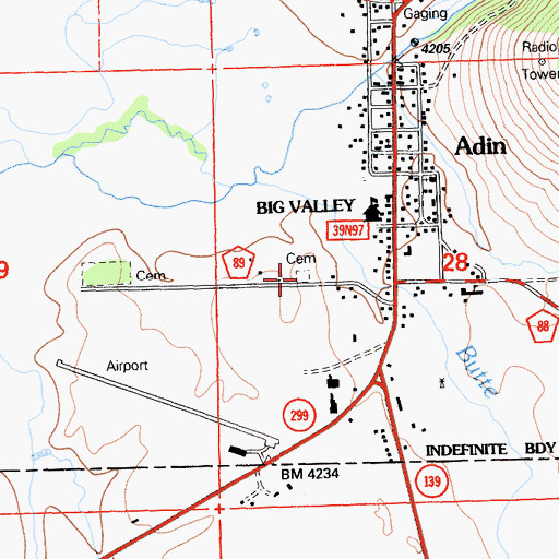 Topographic Map of Adin Pioneer Cemetery, CA