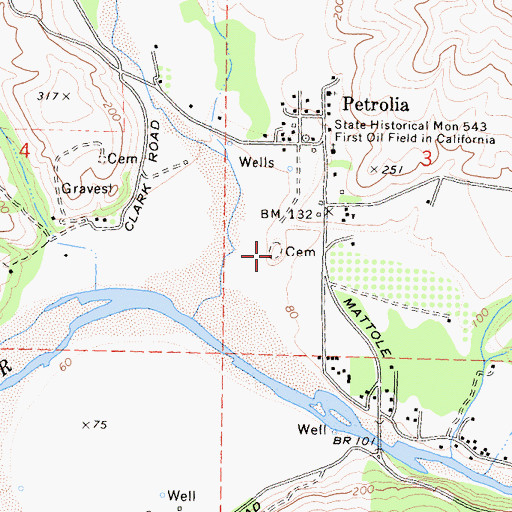 Topographic Map of Petrolia Cemetery, CA