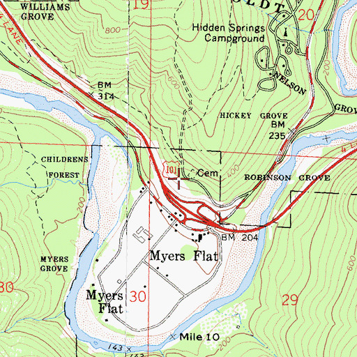 Topographic Map of Myers Flat Cemetery, CA