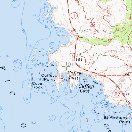 Topographic Map of Cuffeys Cove Community Cemetery, CA