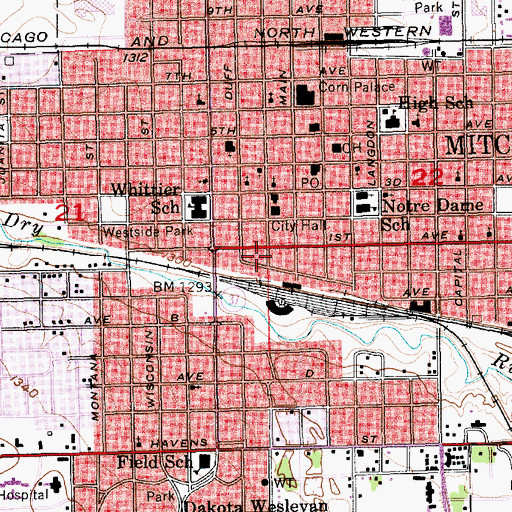 Topographic Map of Mitchell Department of Public Safety Police Division, SD