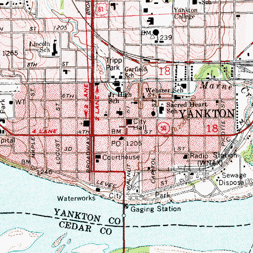 Topographic Map of Yankton Police Department, SD