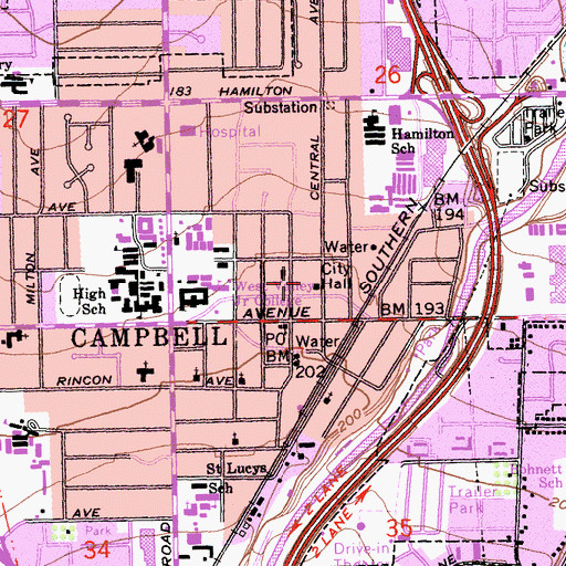 Topographic Map of Campbell Police Department, CA