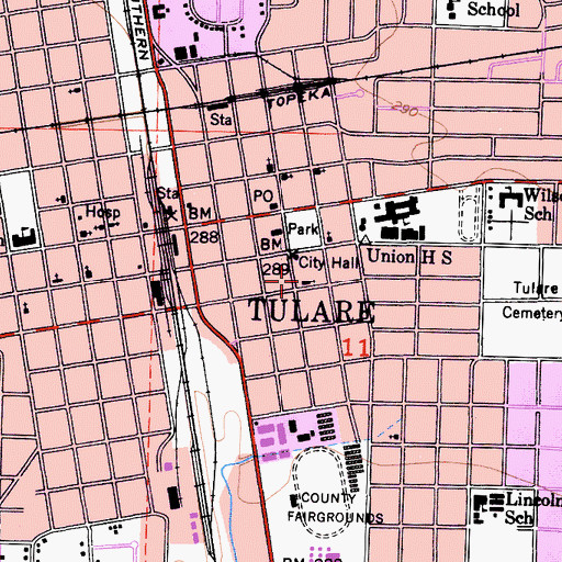 Topographic Map of Tulare Police Department, CA