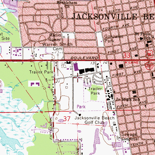 Topographic Map of Jacksonville Beach Police Department, FL