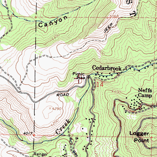 Topographic Map of Cedarbrook Picnic Area, CA