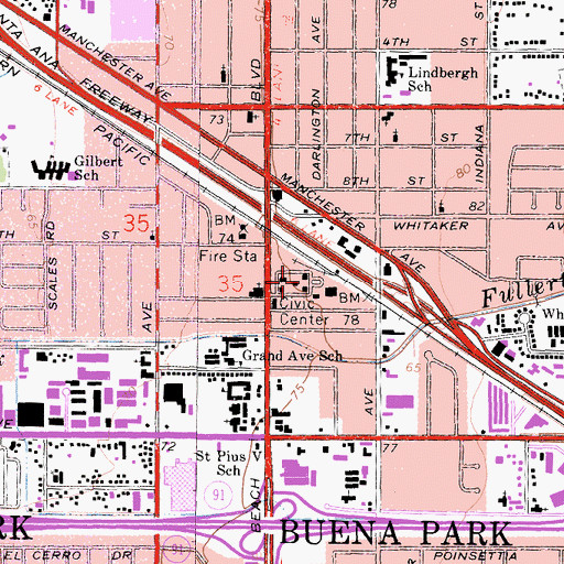 Topographic Map of Buena Park Police Department, CA