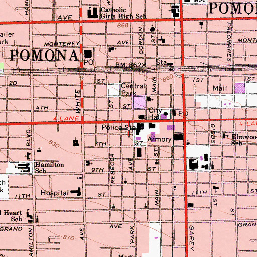 Topographic Map of Pomona Police Department, CA