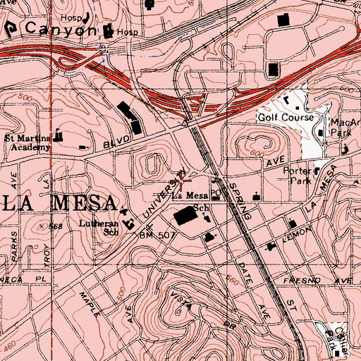 Topographic Map of La Mesa Police Department, CA