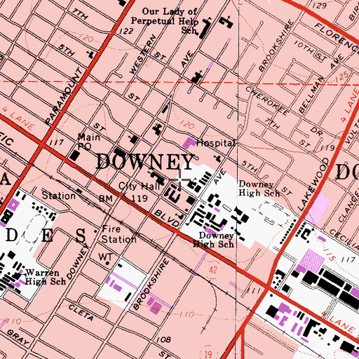 Topographic Map of Downey City Police Department, CA