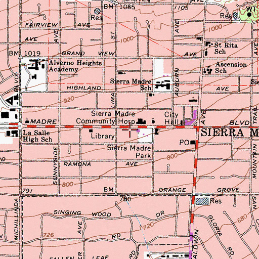 Topographic Map of Sierra Madre Police Department, CA
