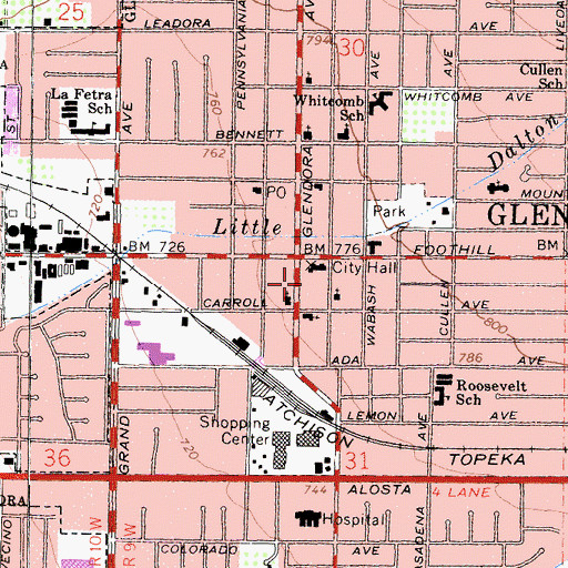 Topographic Map of Glendora City Police Department, CA