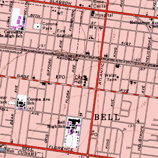 Topographic Map of Bell Police Department, CA