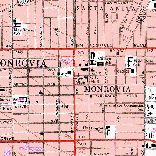 Topographic Map of Monrovia Police Department, CA