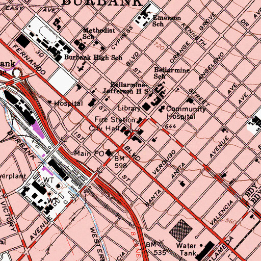 Topographic Map of Los Angeles County Sheriff's Department - Court Services Division Burbank Branch, CA