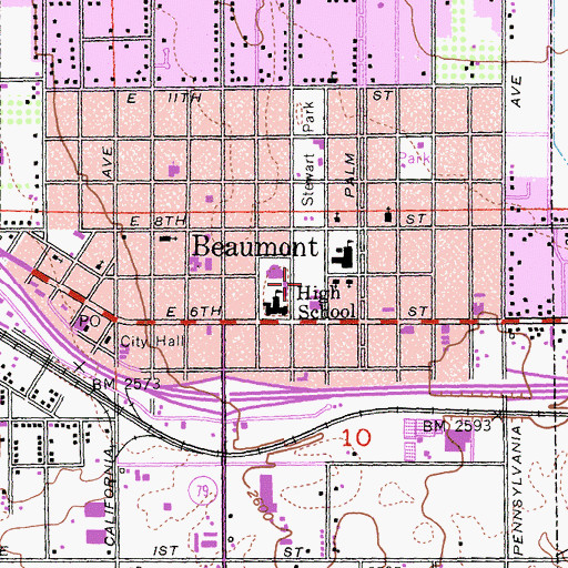 Topographic Map of Beaumont City Police Department, CA
