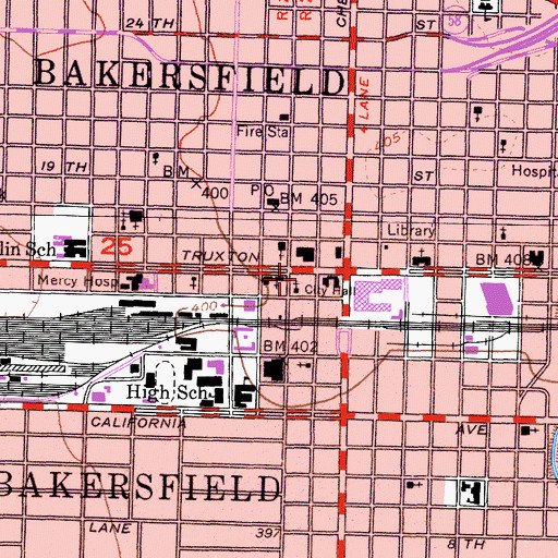 Topographic Map of Bakersfield Police Department, CA