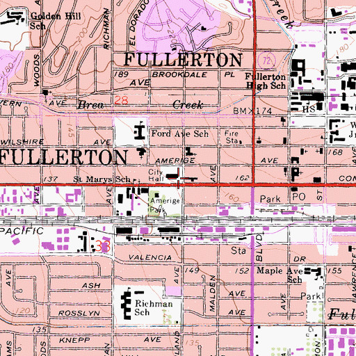 Topographic Map of Fullerton Police Department, CA