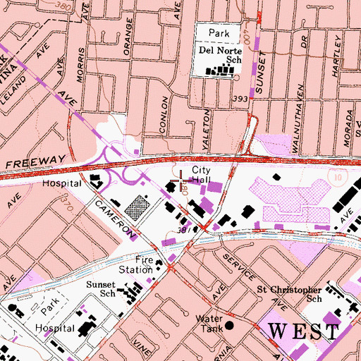 Topographic Map of West Covina Police Department, CA