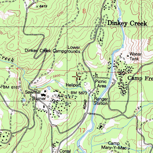Topographic Map of Lower Dinkey Creek Campground, CA