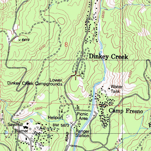 Topographic Map of Lower Dinkey Creek Campground, CA