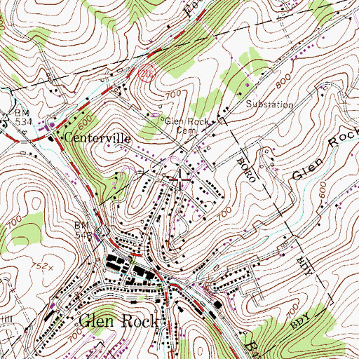 Topographic Map of Glen Rock Post Office, PA