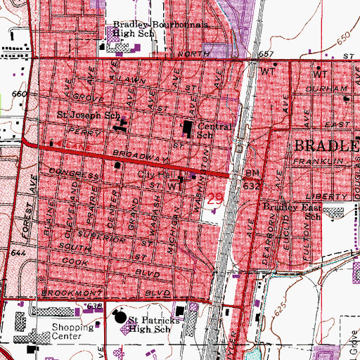 Topographic Map of Village of Bradley Police Department, IL